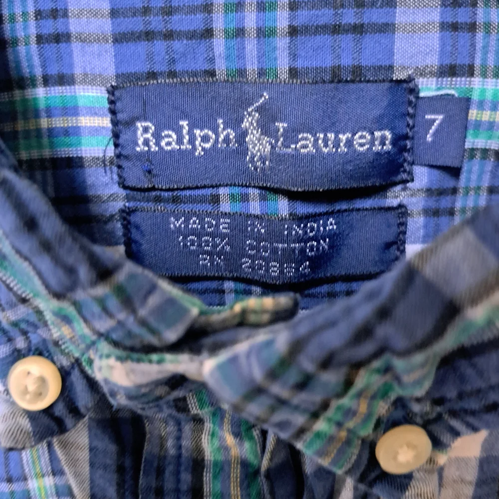 Ralph Lauren Boys Blue Green Plaid Short Sleeve Button‎ Down Shirt Size 7 Cotton